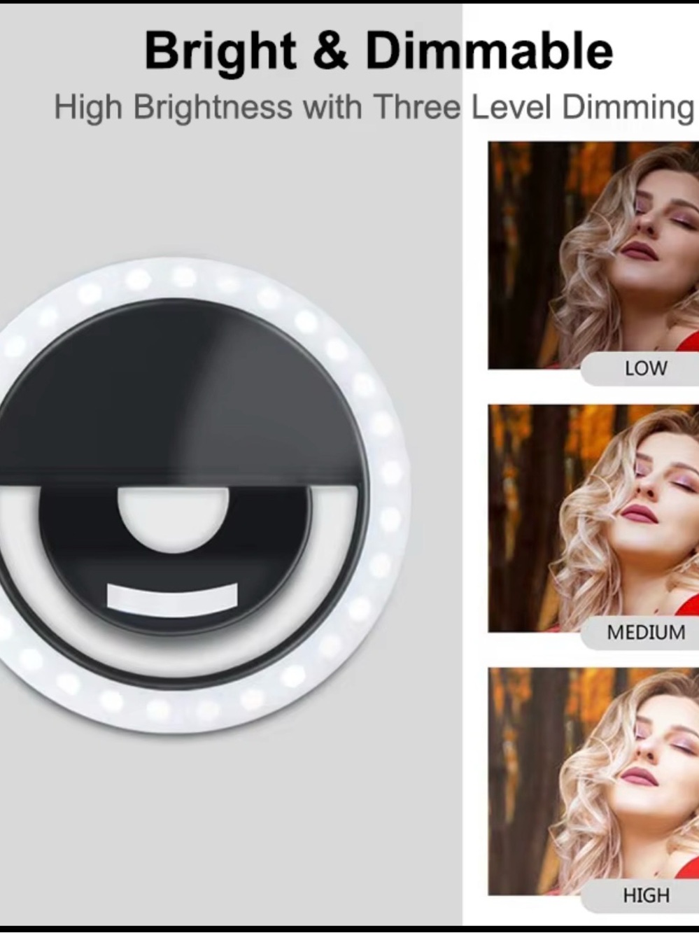 Portable Black LED Ring Light for Makeup with 3-Level Dimming